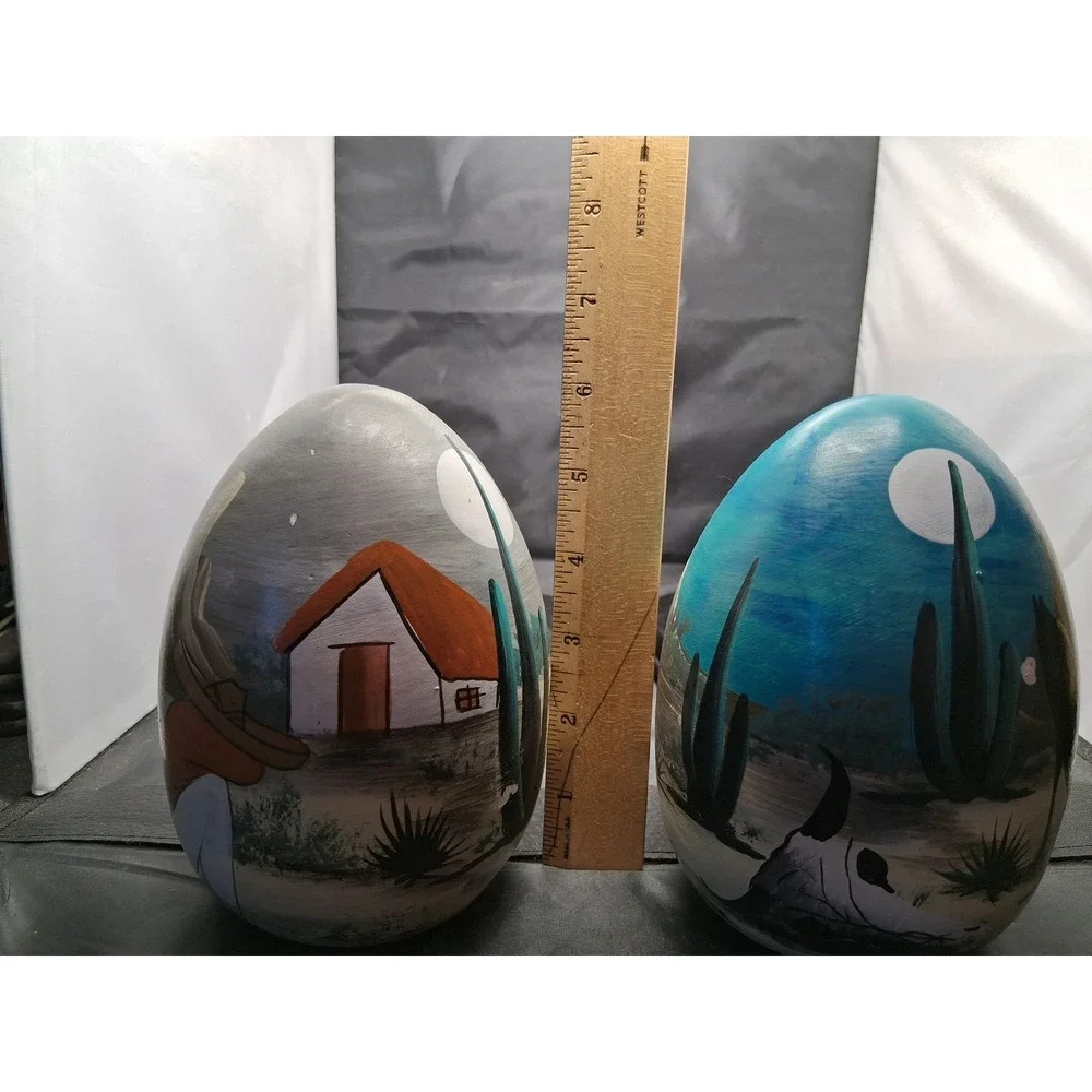 Vintage Hand Painted Ceramic Desert Scene Egg Statues Southwest Decor Set of 2